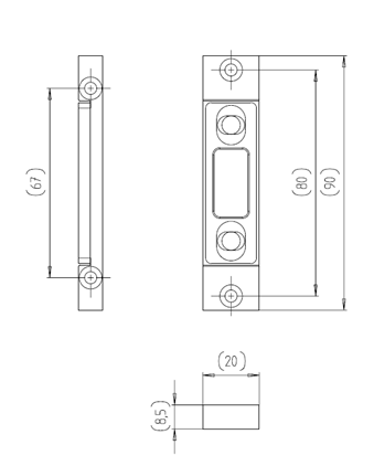 Планка ответная, регул., под шпингалет, для порога, плоская, 90*18* 8,5 мм, отверстие 12*24 мм, регул. приж. 3 мм. Рис. 1