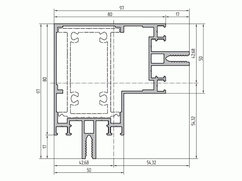 Профиль стойки 80мм под угол 90 град. (6,8м), RAL9016. Рис. 1 Профиль стойки 80мм под угол 90 град. (6,8м), RAL9016. Рис. 1