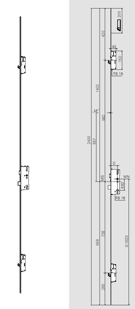 Замок многозапорный Roto 2 крюка С500 55/20/92/8/PZ/2200-2400. Рис. 1