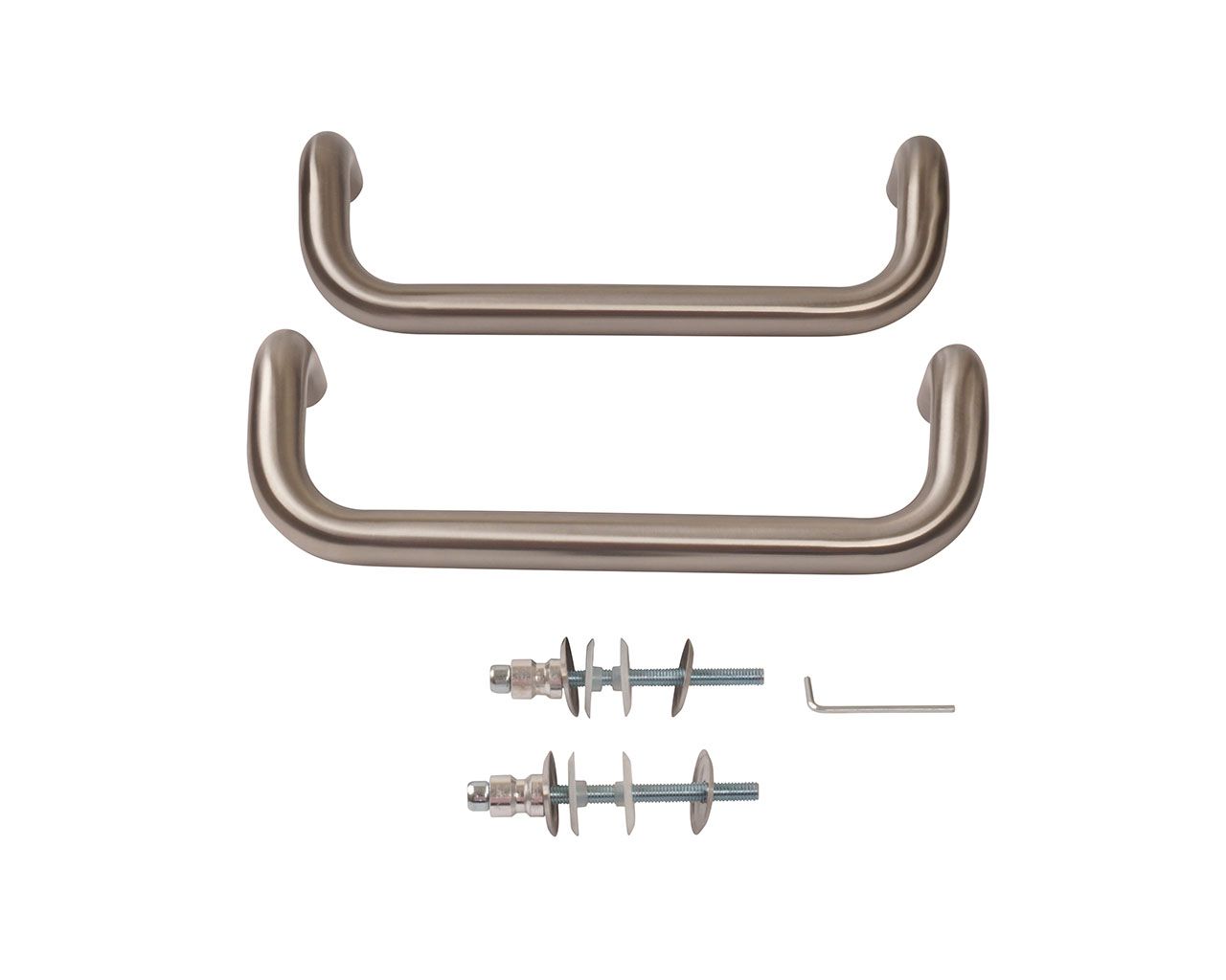 Ручка изогнутая для алюминиевых дверей ELEMENTIS, комплект с креплением, L=325, межосевое расстояние=300, D=25, матовая. Рис. 2