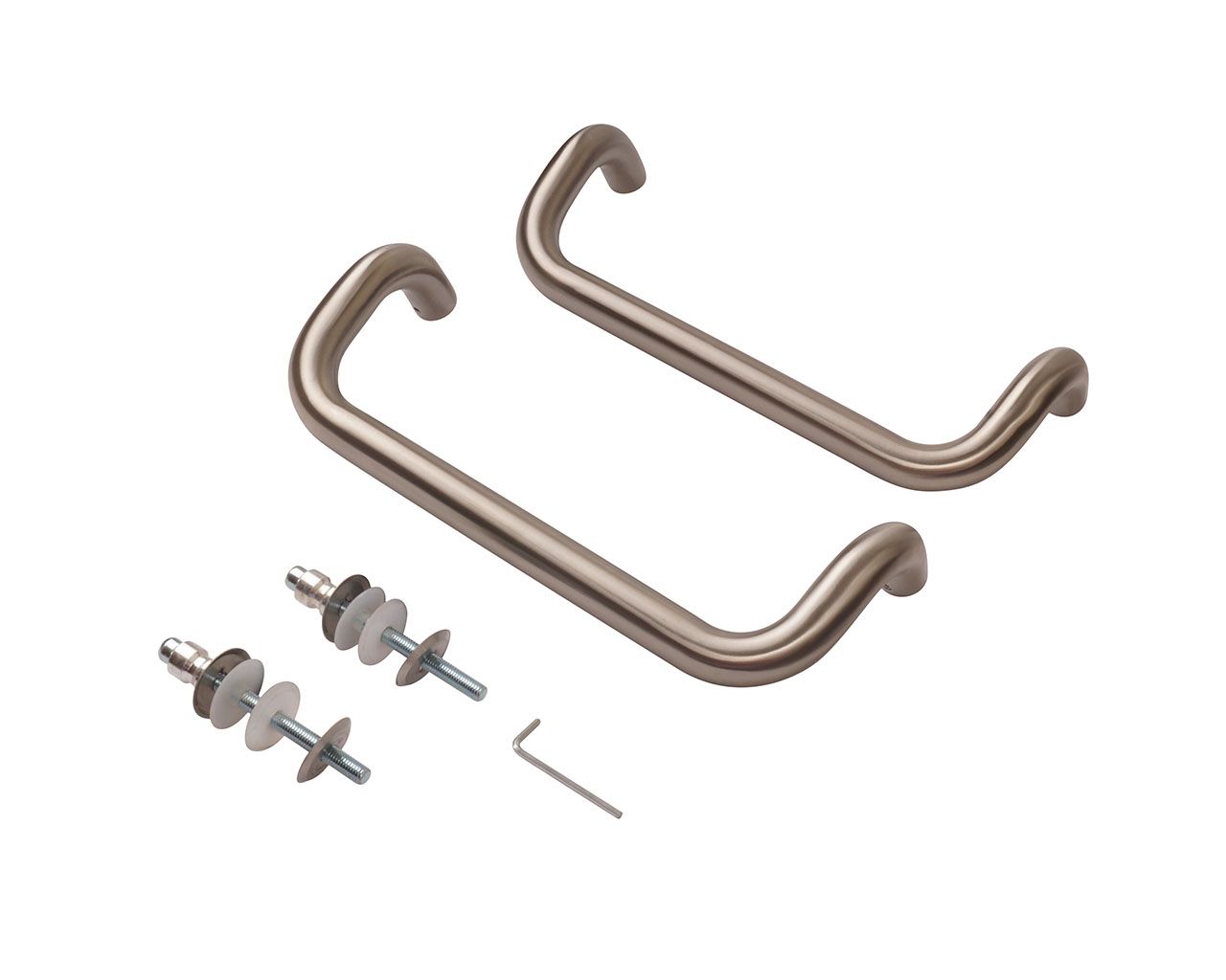 Ручка изогнутая для алюминиевых дверей ELEMENTIS, комплект с креплением, L=325, межосевое расстояние=300, D=25, матовая. Рис. 1