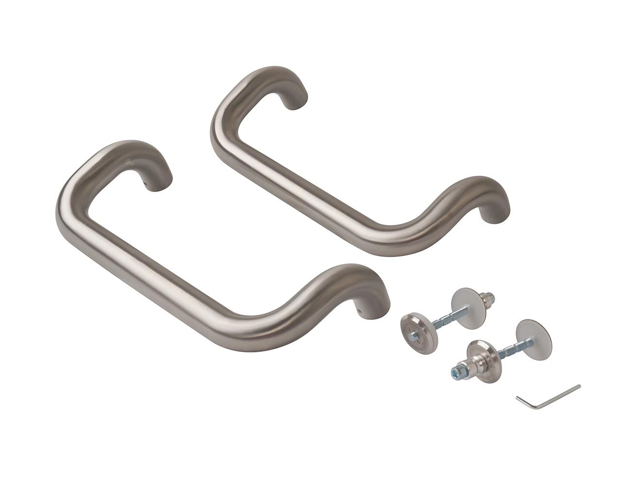 Ручка изогнутая для алюминиевых дверей ELEMENTIS, комплект с креплением, L=332, межосевое расстояние=300, D=32, нерж. сталь, матовая. Рис. 1