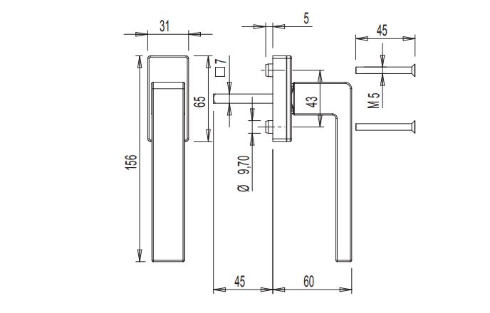 Ручка оконная KORA с квадратным штифтом 7 мм, неокрашенная, 00997005. Рис. 2