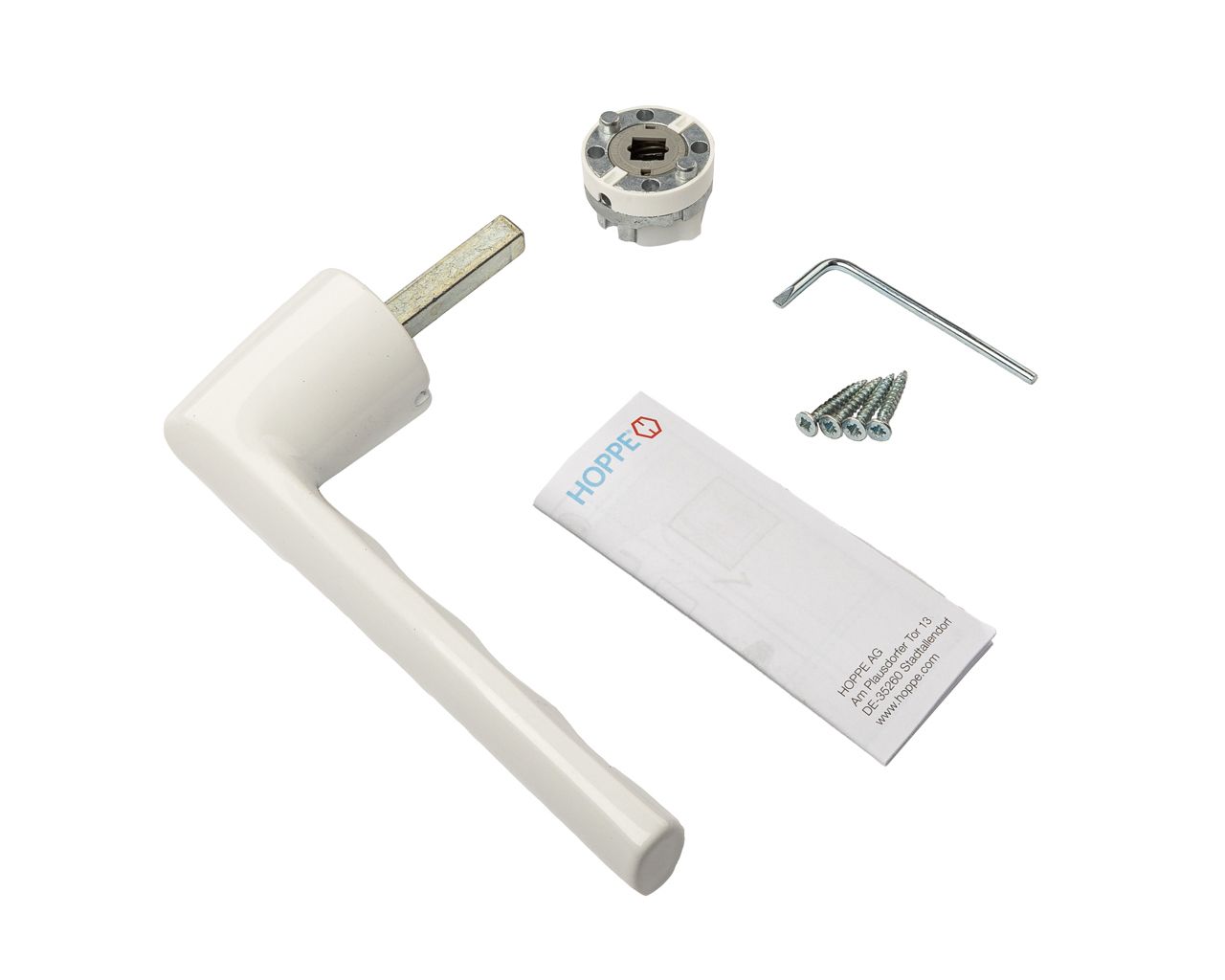 Ручка оконная алюминиевая  HOPPE Hamburg Kompakt, штифт 37 мм, 90°, без розетки, Белая. Рис. 1