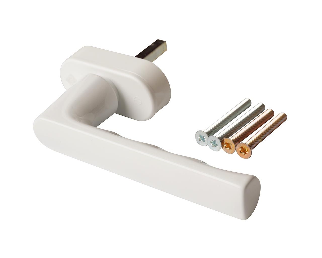 Ручка оконная алюминиевая  HOPPE Hamburg SecuForte с логотипом VEKA, штифт vario fit 32-42 мм, 45°, 2 винта М5х45,  2 винта М5х50, Белая. Рис. 1