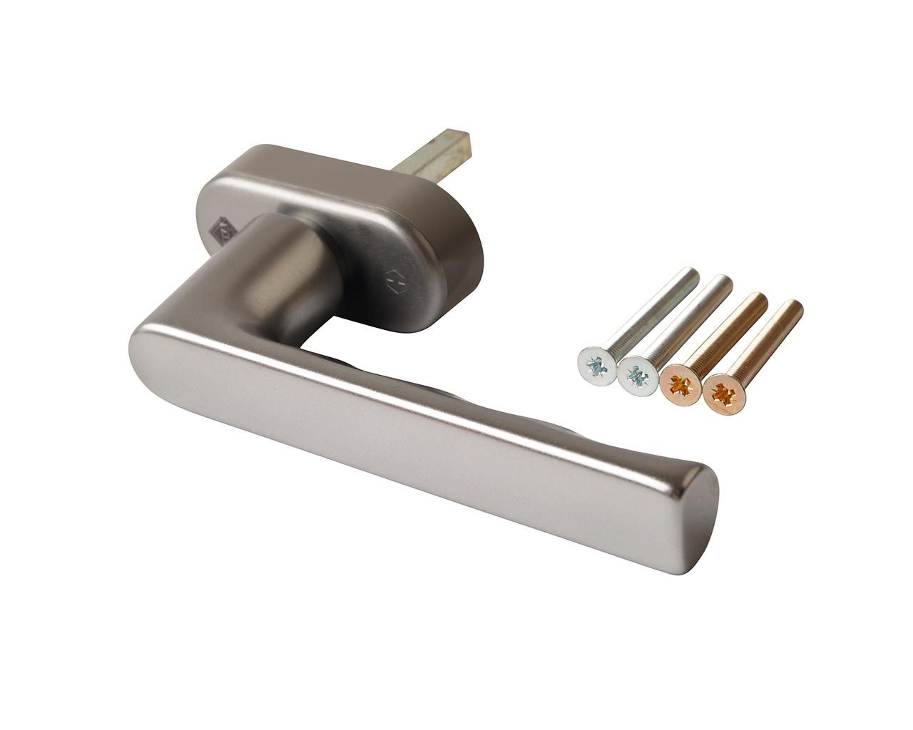 Ручка оконная алюминиевая  HOPPE Hamburg SecuForte с логотипом VEKA, штифт vario fit 32-42 мм, 45°, 2 винта М5х45,  2 винта М5х50, титан. Рис. 1