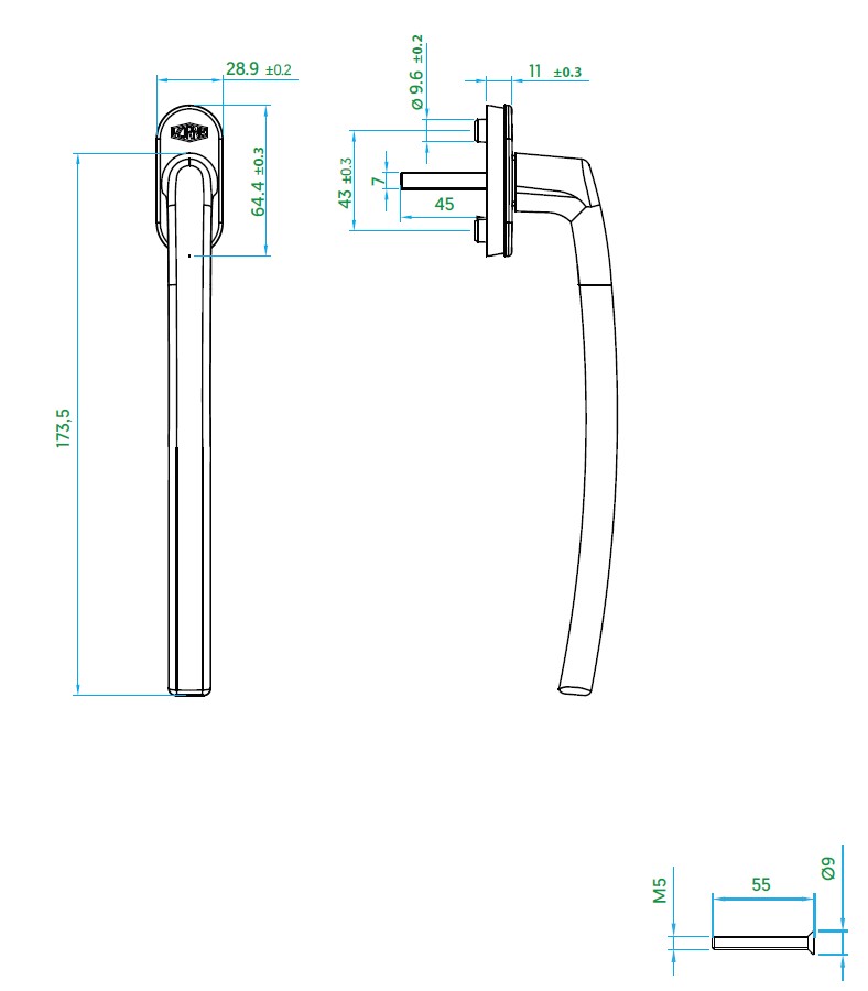 Ручка внутренняя, длина 173 мм, штифт 7/45мм, антрацитово-серый (RAL7016), 2 винта М5х55. Рис. 1 Ручка внутренняя, длина 173 мм, штифт 7/45мм, антрацитово-серый (RAL7016), 2 винта М5х55. Рис. 1