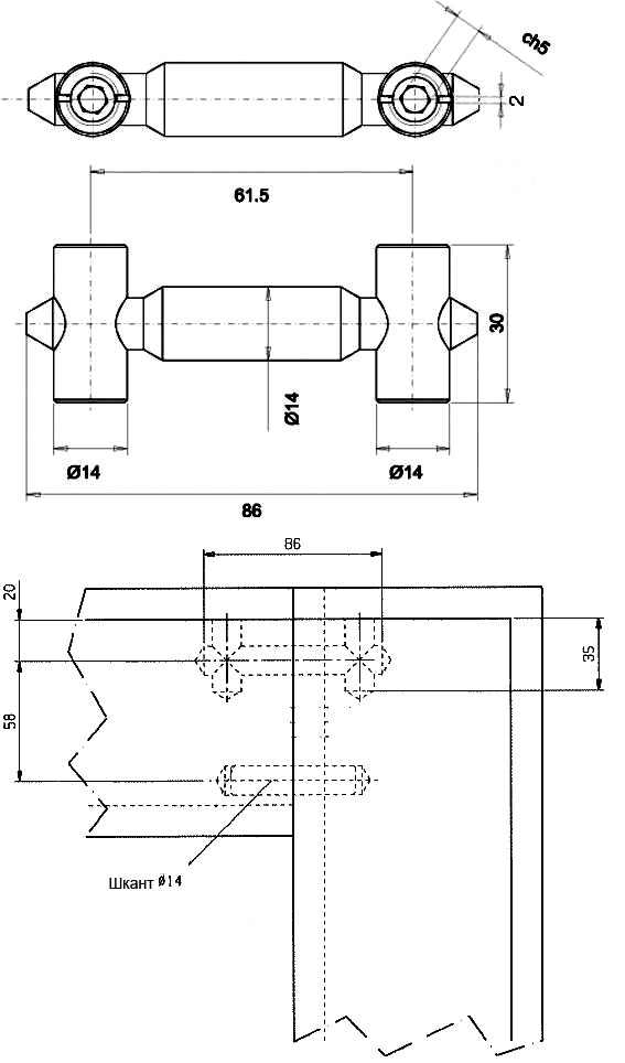 Стяжка дверная, из 3 частей (1 гильза+2 бочонка с винтами), угловая, сталь, оцинкованный. Рис. 2