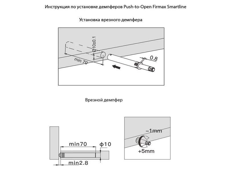Толкатель Push-Open для петель Firmax Smartline, плечо 38мм, скрытое крепление, белый. Рис. 3