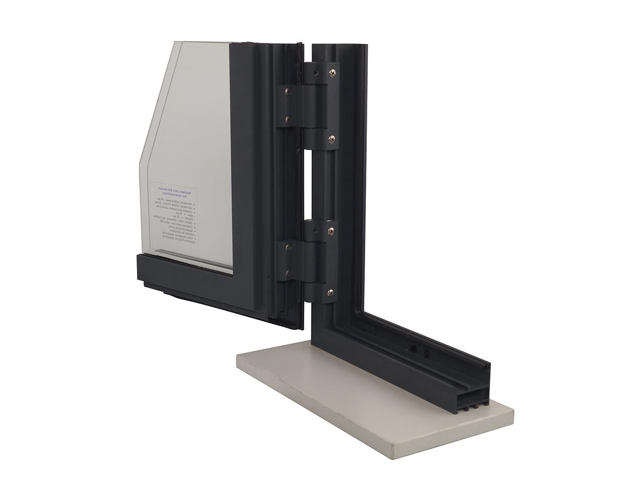 Уголок - Окно S44 Цвет RAL7016 муар, 2 петли GIESSE Bridge, подставка ЛДСП 16мм, стеклопакет 20мм, наклейка