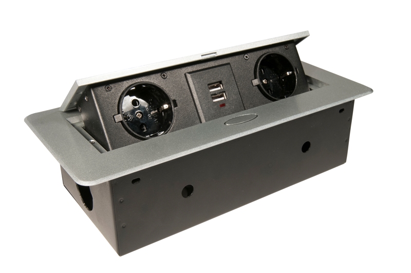 Выдвижной блок розеток 266х130х68мм, серебристый, 2 розетки EURO + 2USB, 250V, 2.7kW