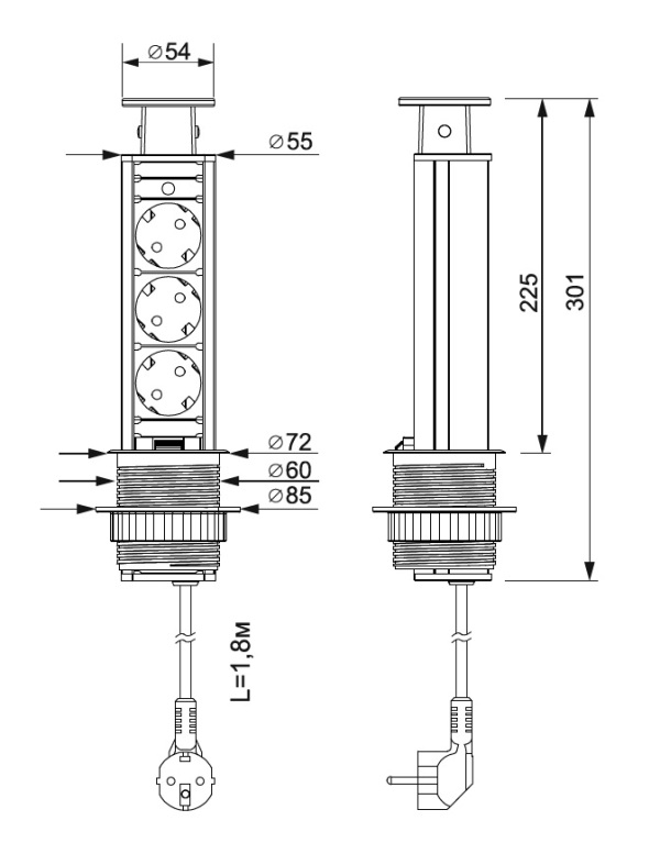Выдвижной блок розеток D-60мм., серебристый, 3 розетки EURO, 250V, 3.5kW. Рис. 2 Выдвижной блок розеток D-60мм., серебристый, 3 розетки EURO, 250V, 3.5kW. Рис. 2