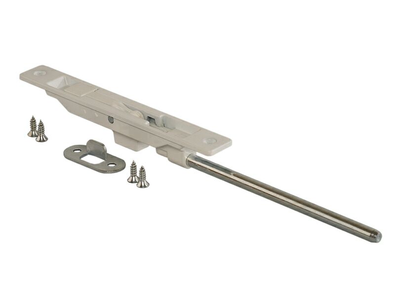 Комплект: шпингалет ELEMENTIS дверной врезной, ответная планка, саморезы, белый. Рис. 1