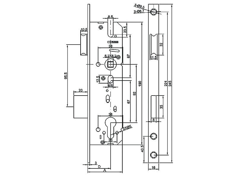 Замок однозапорный с ригелем и фалевой защёлкой Elementis 9225/PZ/F16/25/92/8. Рис. 3