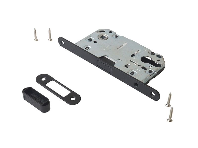 Замок магнитный под профильный цилиндр 50x8x85 штульп овал 18 мм, черный крашенный с ответной планкой W8 и винтами. Рис. 1