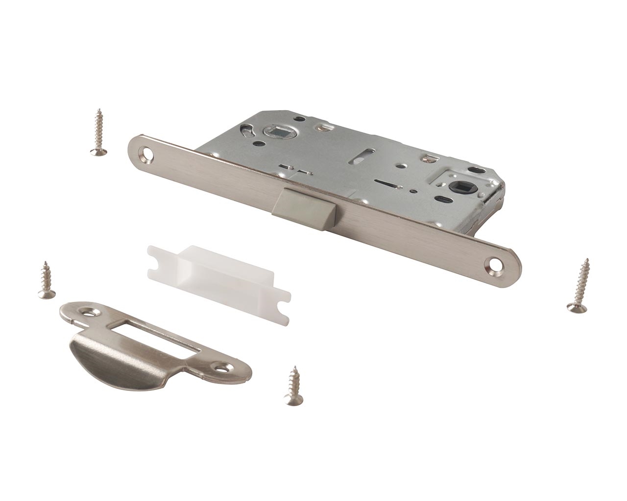 Замок механический MAXBAR с пластиковой защелкой, с ответной планкой для дверей без наплава и пластиковым карманом, универсальный, для сантехнических узлов, 50x96x18, никель матовый. Рис. 3 Замок механический MAXBAR с пластиковой защелкой, с ответной планкой для дверей без наплава и пластиковым карманом, универсальный, для сантехнических узлов, 50x96x18, никель матовый. Рис. 3