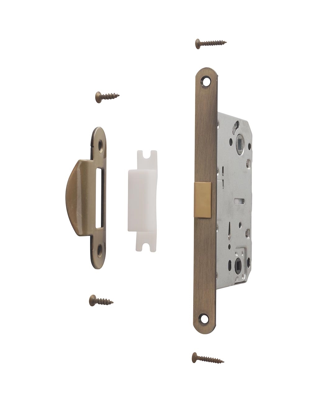 Замок механический MAXBAR с пластиковой защелкой, с ответной планкой для дверей без наплава и пластиковым карманом, универсальный, для сантехнических узлов, 50x96x18, бронза античная. Рис. 3