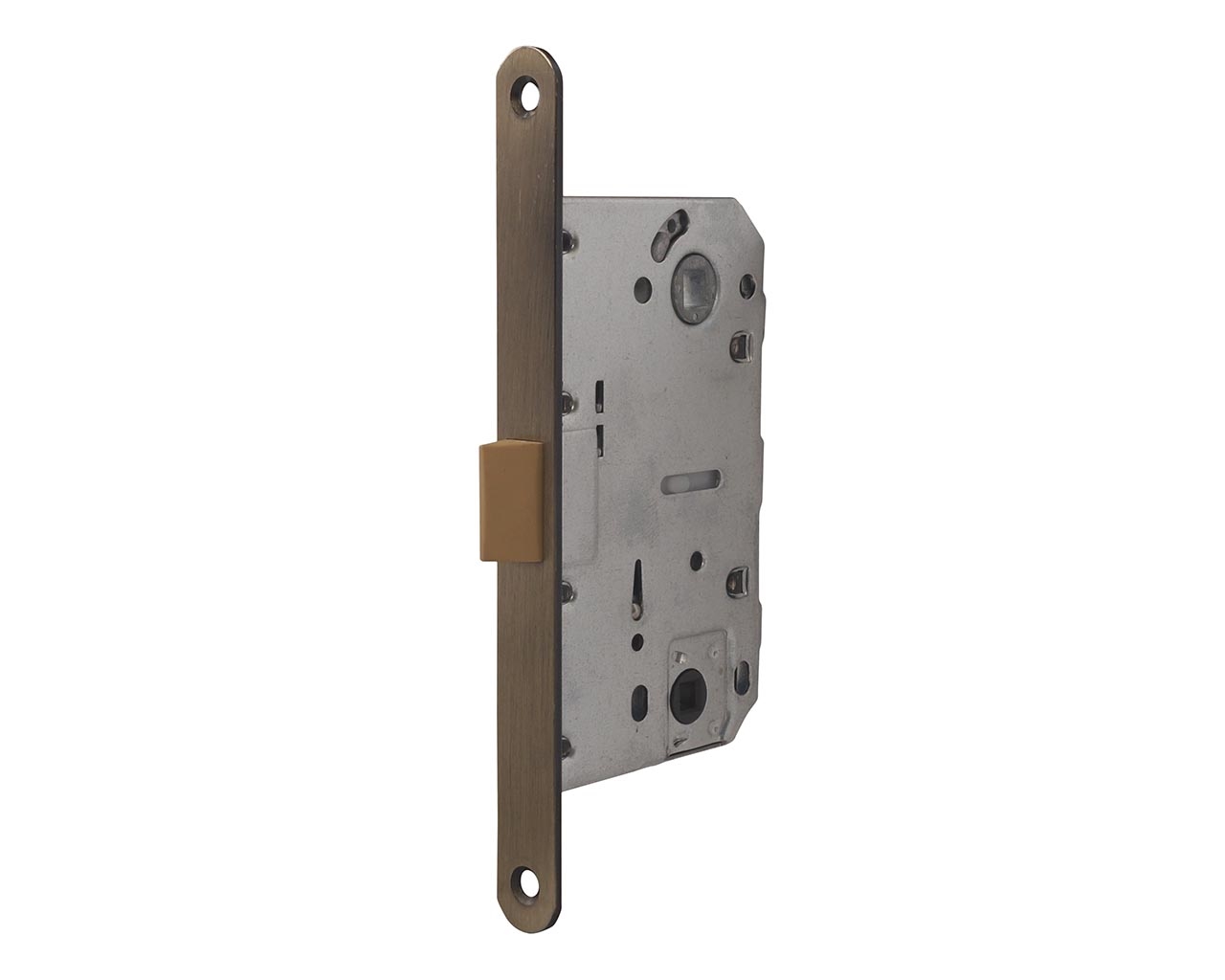 Замок механический MAXBAR с пластиковой защелкой, с ответной планкой для дверей без наплава и пластиковым карманом, универсальный, для сантехнических узлов, 50x96x18, бронза античная. Рис. 1 Замок механический MAXBAR с пластиковой защелкой, с ответной планкой для дверей без наплава и пластиковым карманом, универсальный, для сантехнических узлов, 50x96x18, бронза античная. Рис. 1