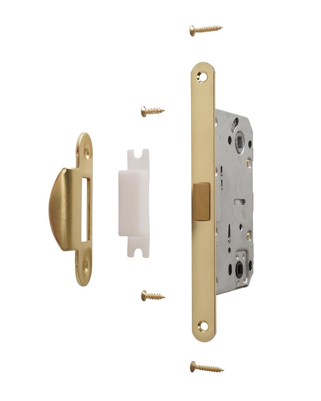 Замок механический MAXBAR с пластиковой защелкой, с ответной планкой для дверей без наплава и пластиковым карманом,универсальный, для сантехнических узлов, 50x96x18, латунь матовая. Рис. 3 Замок механический MAXBAR с пластиковой защелкой, с ответной планкой для дверей без наплава и пластиковым карманом,универсальный, для сантехнических узлов, 50x96x18, латунь матовая. Рис. 3