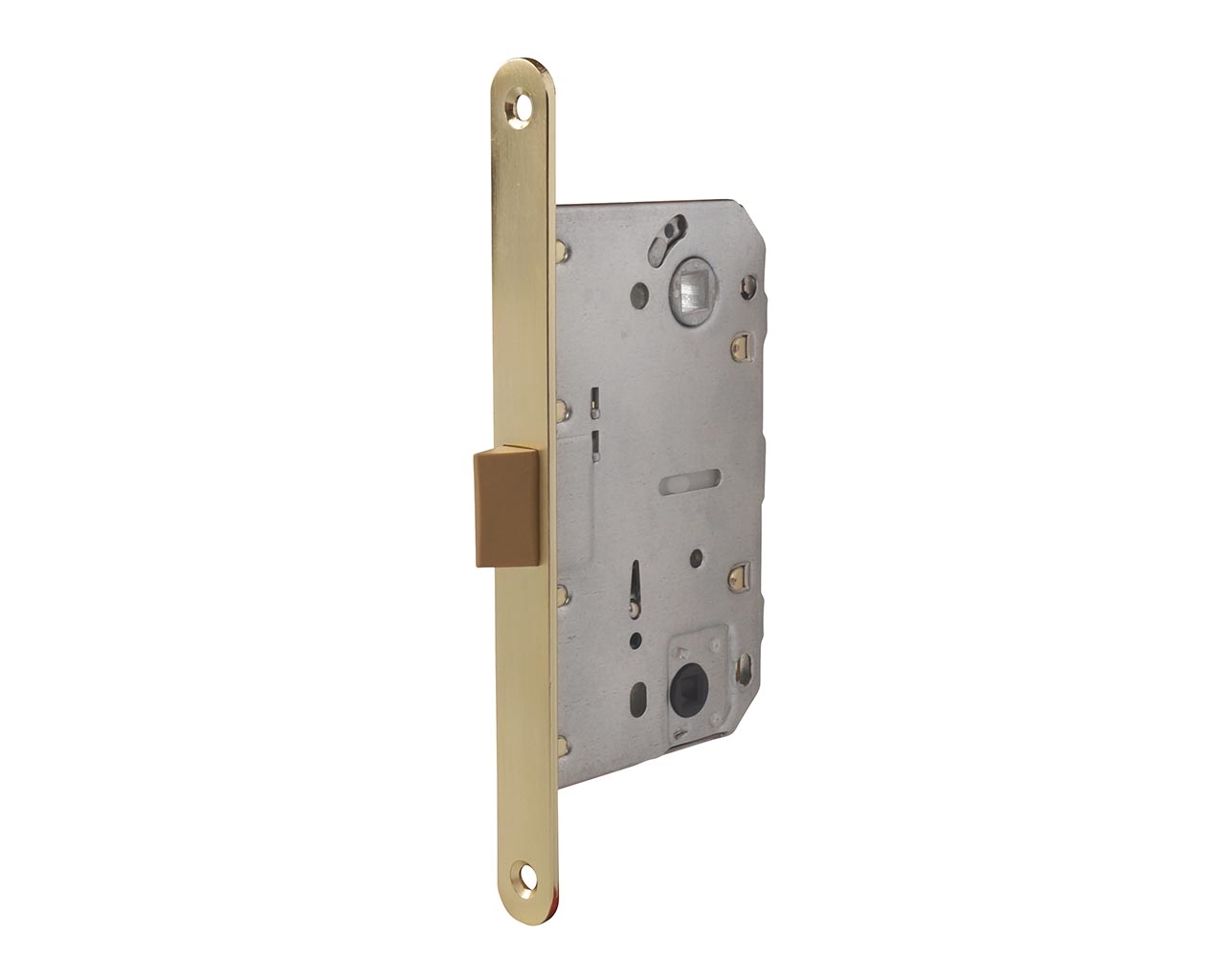 Замок механический MAXBAR с пластиковой защелкой, с ответной планкой для дверей без наплава и пластиковым карманом,универсальный, для сантехнических узлов, 50x96x18, латунь матовая