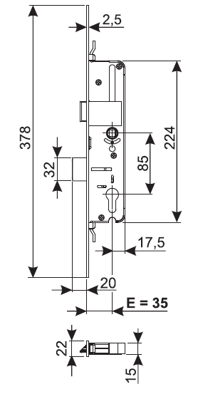 Замок многозапорный, запирание по периметру, защелка, выдвигающийся ригель, 35/22х2.5, 04646000. Рис. 2