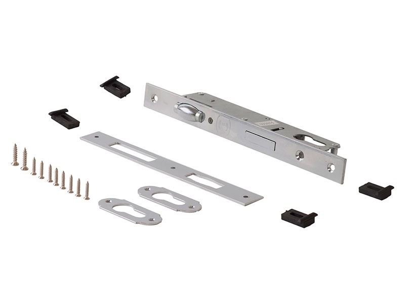 Комплект: замок ELEMENTIS однозапорный ригель с роликовой защелкой, ответная планка, 2 накладки на профильный цилиндр, 4 подкладки, саморезы, 1155/F23/25. Рис. 1