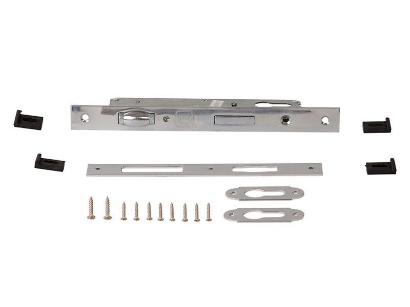 Комплект: замок ELEMENTIS однозапорный ригель с роликовой защелкой, ответная планка, 2 накладки на профильный цилиндр, 4 подкладки, саморезы, 1155/F23/25. Рис. 2