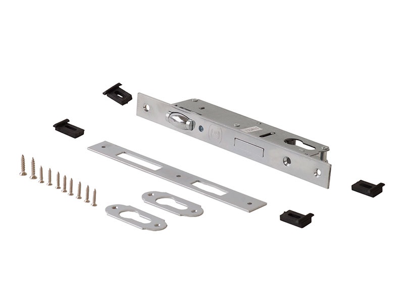 Комплект: замок ELEMENTIS однозапорный ригель с роликовой защелкой, ответная планка, 2 накладки на профильный цилиндр, 4 подкладки, саморезы, 1155/F23/30. Рис. 1