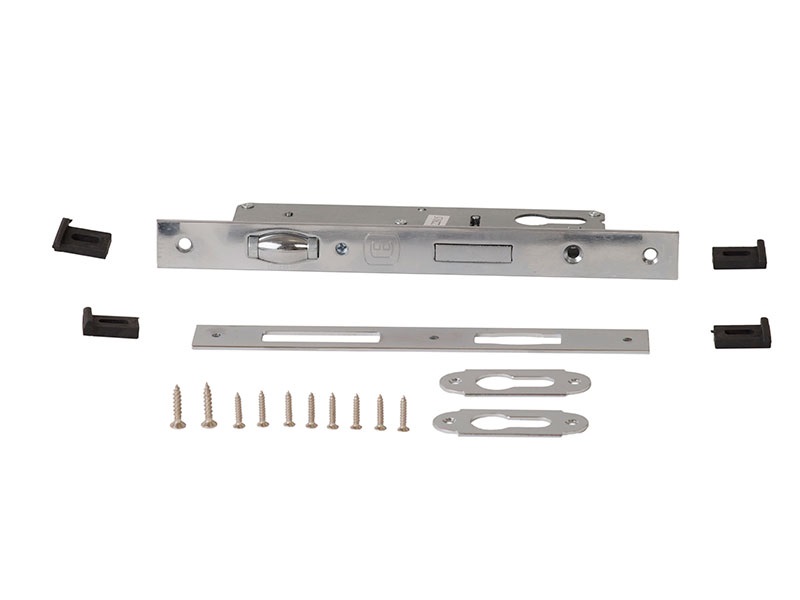 Комплект: замок ELEMENTIS однозапорный ригель с роликовой защелкой, ответная планка, 2 накладки на профильный цилиндр, 4 подкладки, саморезы, 1155/F23/30. Рис. 2