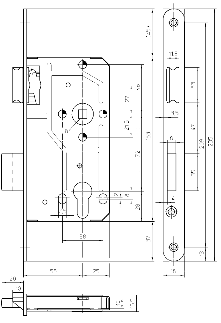 3104774 Замок с ригелем и фалевой защелкой, дорнмасс 55 мм, межосевое расстояние 72 мм, ширина штульпа 18 мм, под профильный цилиндр, правый, бронза. Рис. 3
