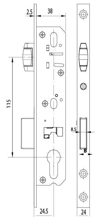 Замок врезной, ролик, 24.5/24х2.5. Рис. 2 Замок врезной, ролик, 24.5/24х2.5. Рис. 2