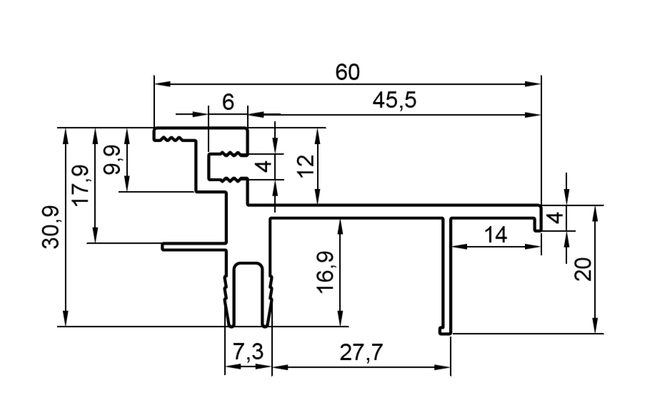 Профиль дверной коробки К.60, алюминий, L=5300 мм, анодированный, цвет серебро. Рис. 3