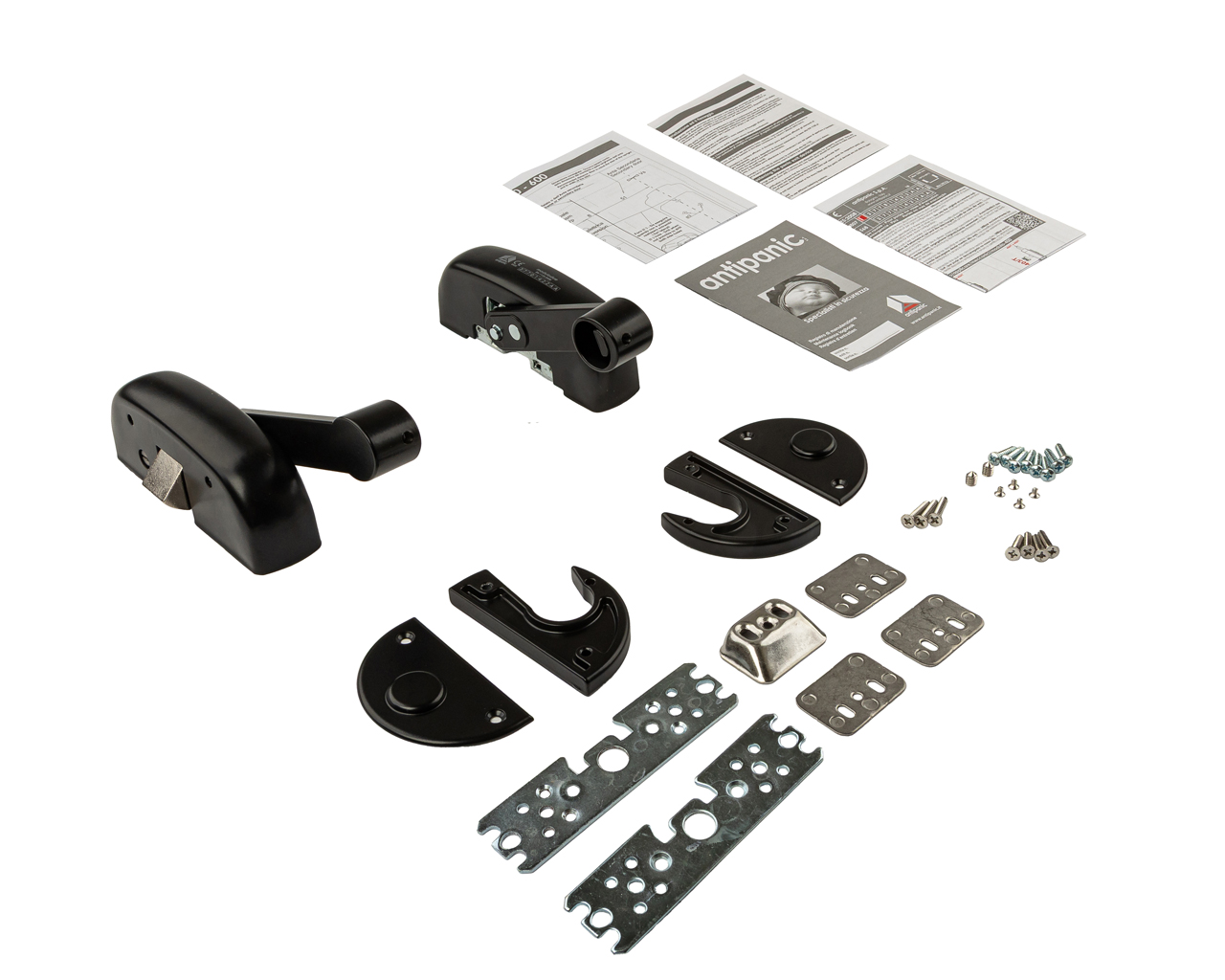 Гарнитур нажимной с фикс. защ. открытом положении,  1 точка запирания горизонтальная (комплект деталей для установки), черн. RAL9005, 401/T/FG