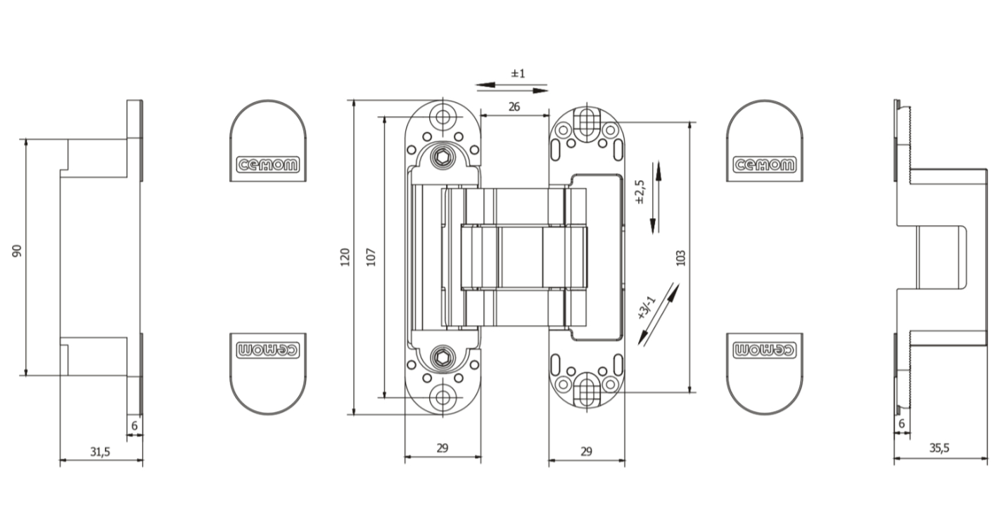 Петля дверная скрытая универсальная, 3D, 120х29 мм, 60 кг, сатин хром., с 4 пласт. колпачками. Рис. 1 Петля дверная скрытая универсальная, 3D, 120х29 мм, 60 кг, сатин хром., с 4 пласт. колпачками. Рис. 1