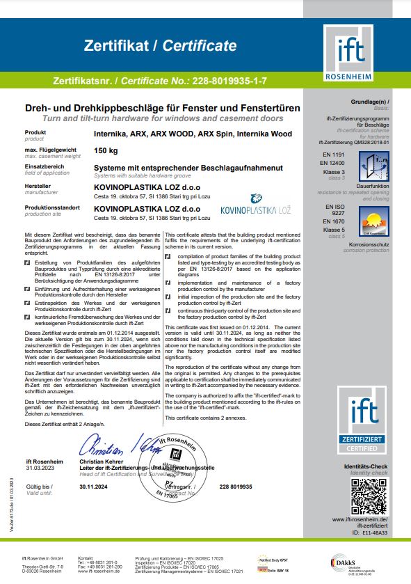 Сертификат института Rosenheim Сертификат института Rosenheim